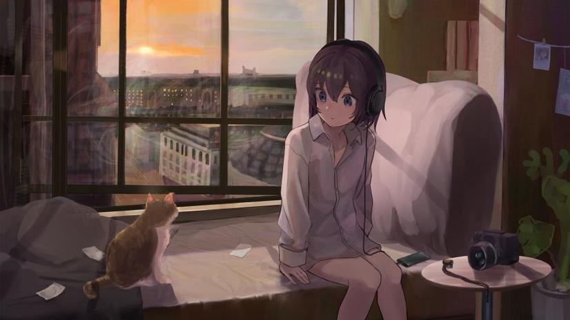动漫少女与猫