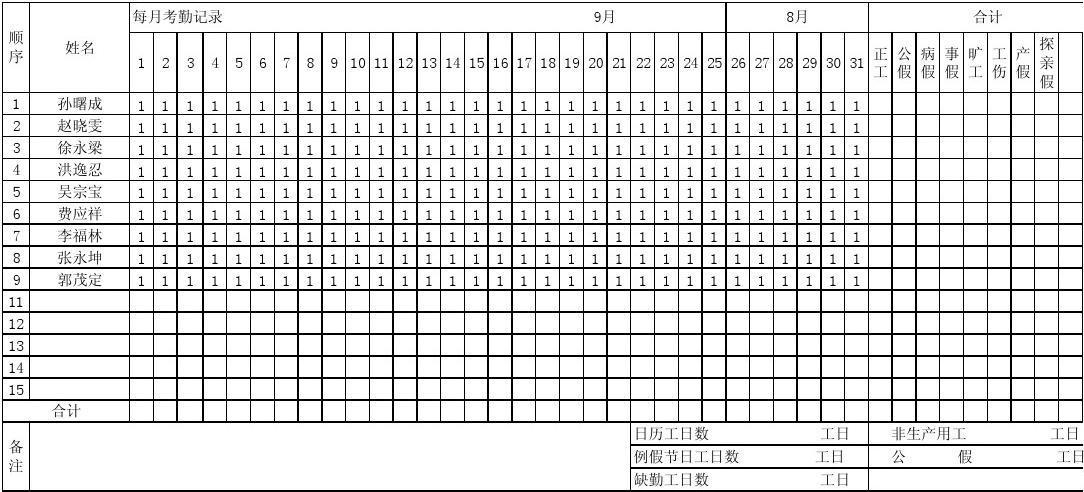 工日表格模板