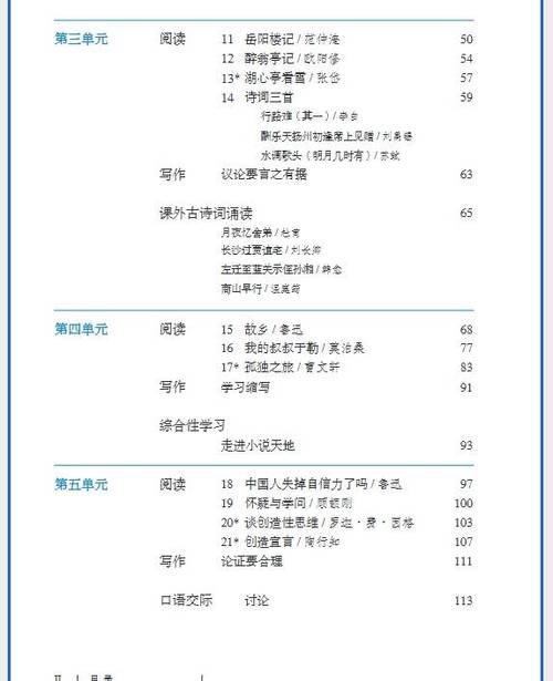 初中语文教材目录