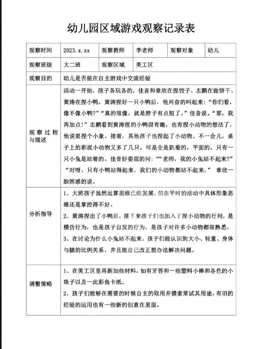 幼儿园区域活动观察记录表大班截图