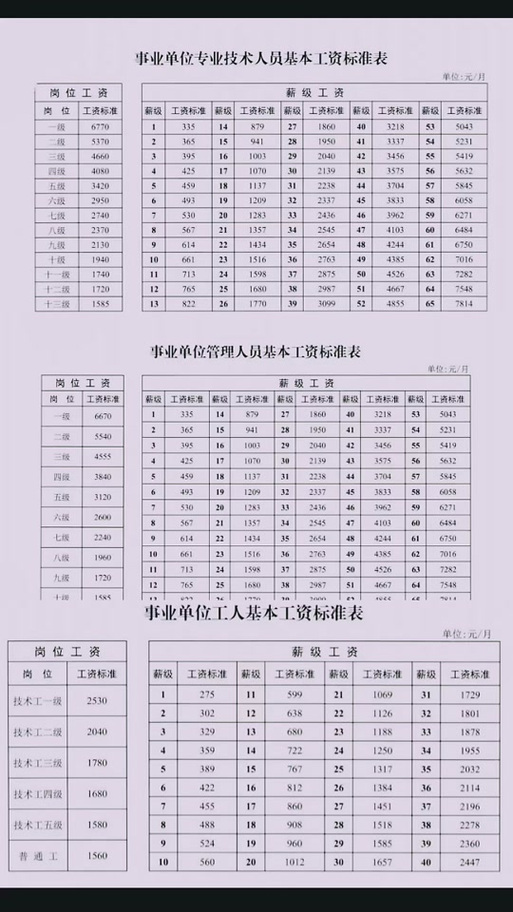 事业人员薪级工资标准表截图