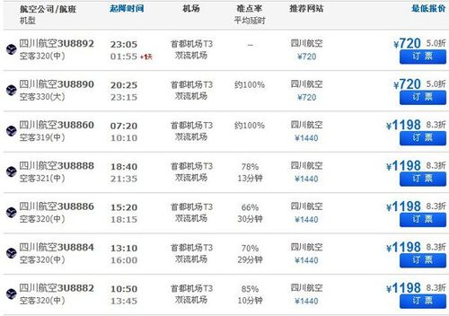 成都至北京飞机票价格表时刻表
