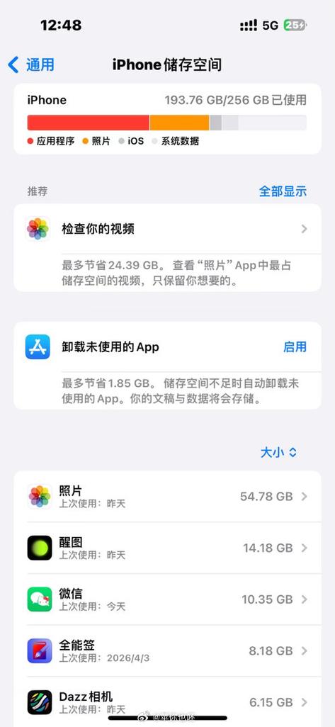 手机没装几个软件占了70多G