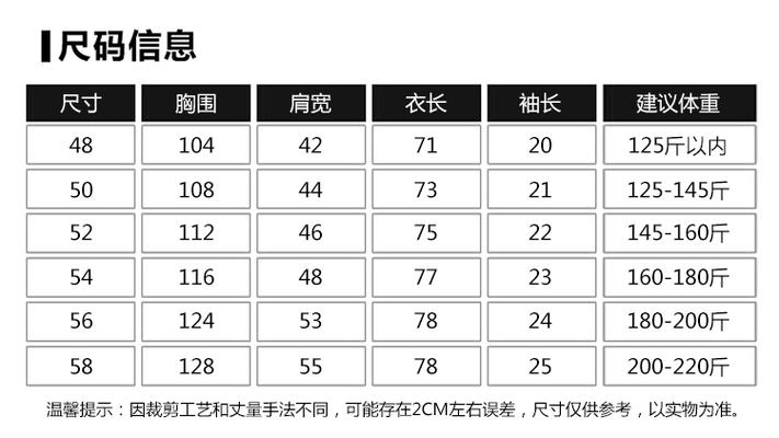 男士上衣尺码表截图