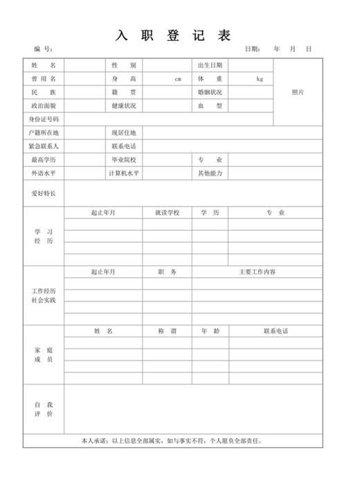 员工入职登记表模板