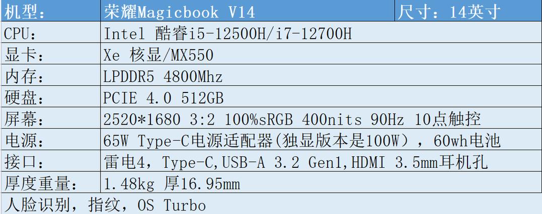 荣耀magicbookv14配置参数