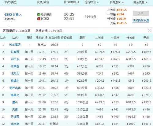 北京到哈尔滨火车时刻表查询