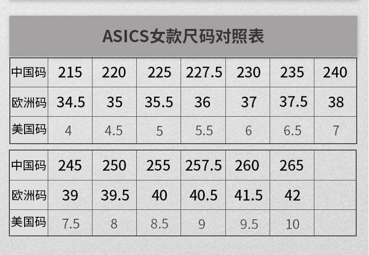 asics尺码对照表