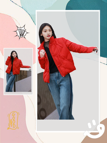 红色宽松羽绒服搭配