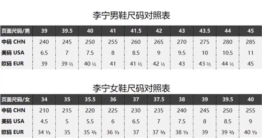 李宁鞋号对照表缩略图