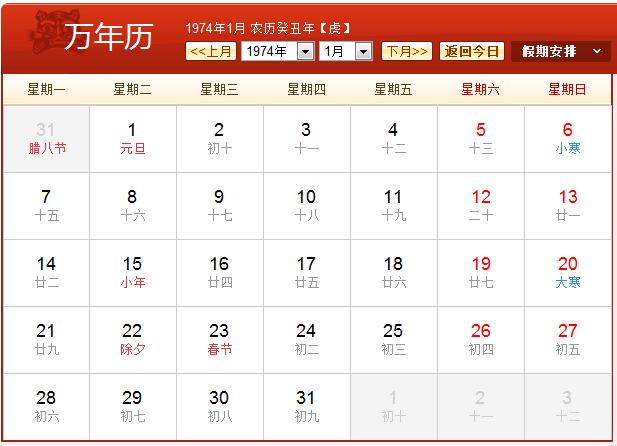 1974年农历阳历表查询结果