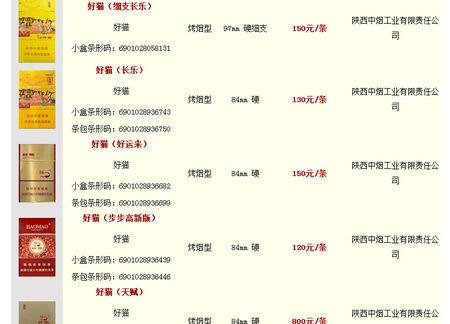 好猫香烟价格表图大全