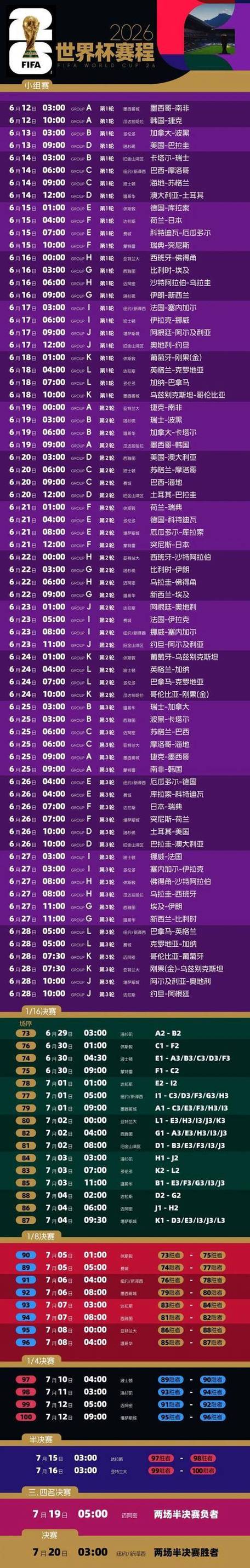 2026世界杯时间表一览表