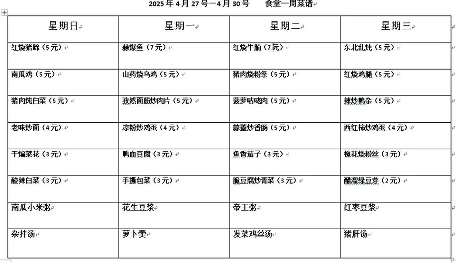 食堂一周不重复菜单