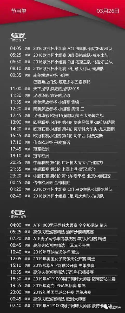 CCTV-5体育频道节目表