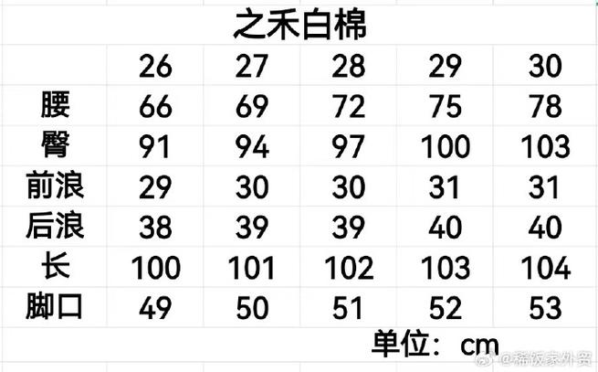 之禾女裤尺码28对照表