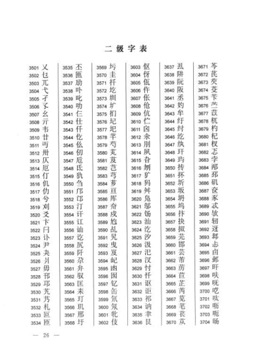 二级次常用汉字个数是