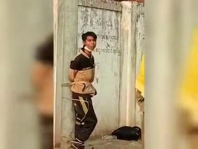 绑在电线杆上