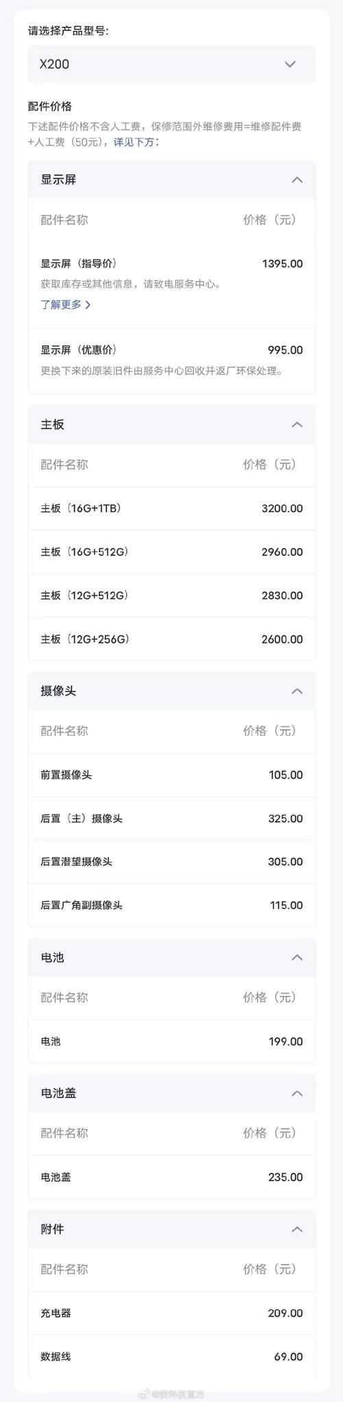 vivo手机维修价格表截图