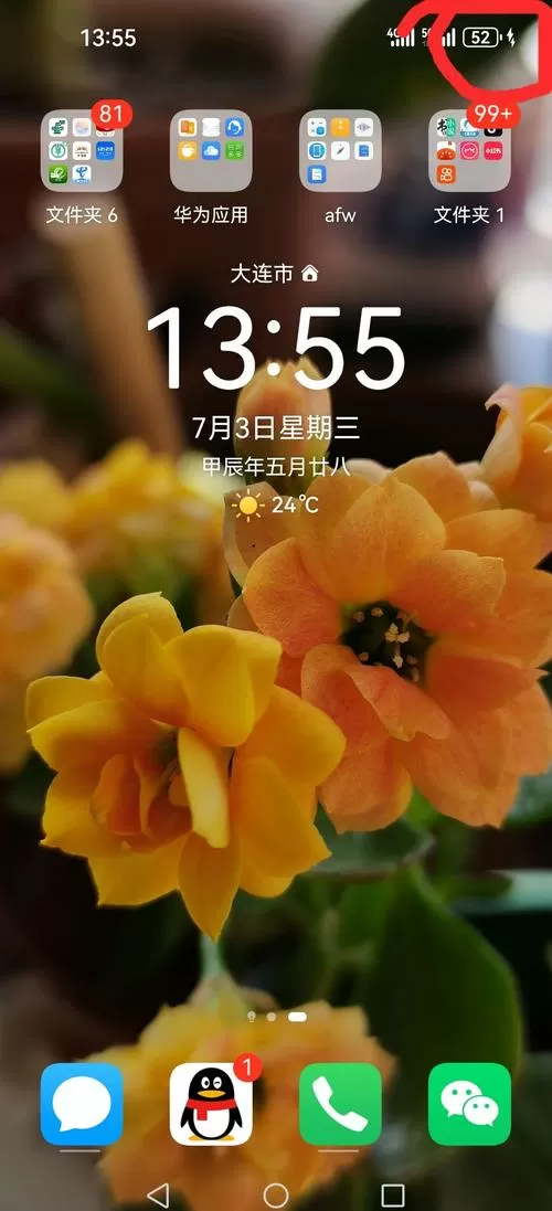 手机显示电量旁边有个树叶