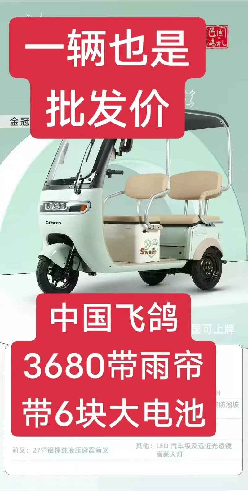 飞鸽牌老年代步三轮电动车