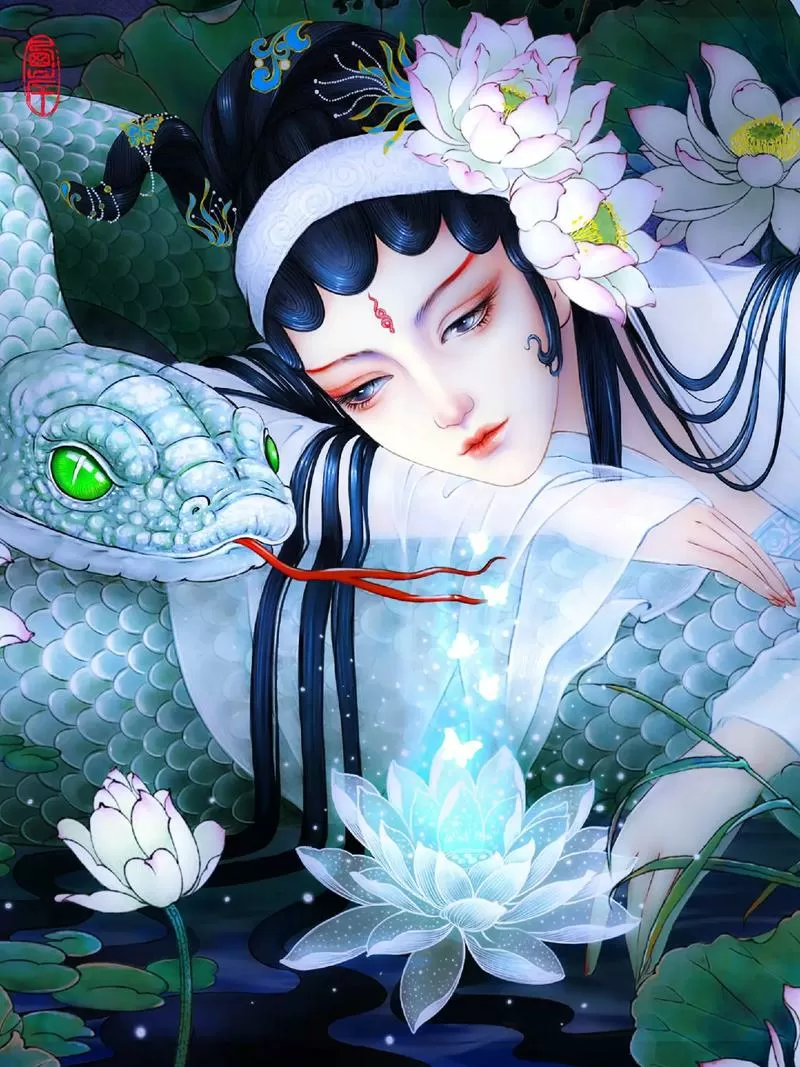 画一只白蛇少女